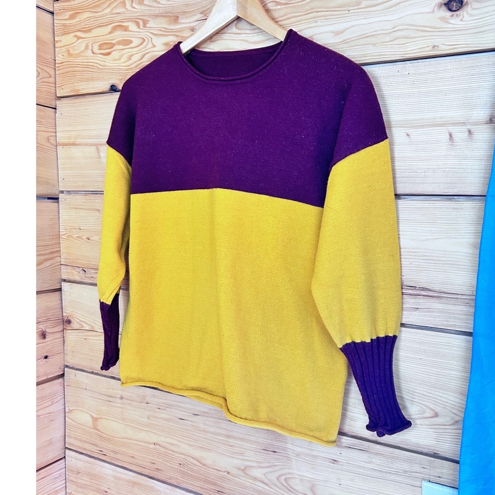 Handmade‎ Chartreuse & Burgundy Heavy Knit Rugby Colorblock Sweater Thick Ribbed - Picture 2 of 7